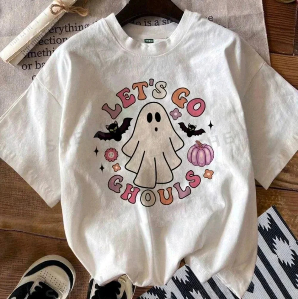 Let's go ghouls cute white women's ghost Halloween spooky T-shirt shirt bat pink